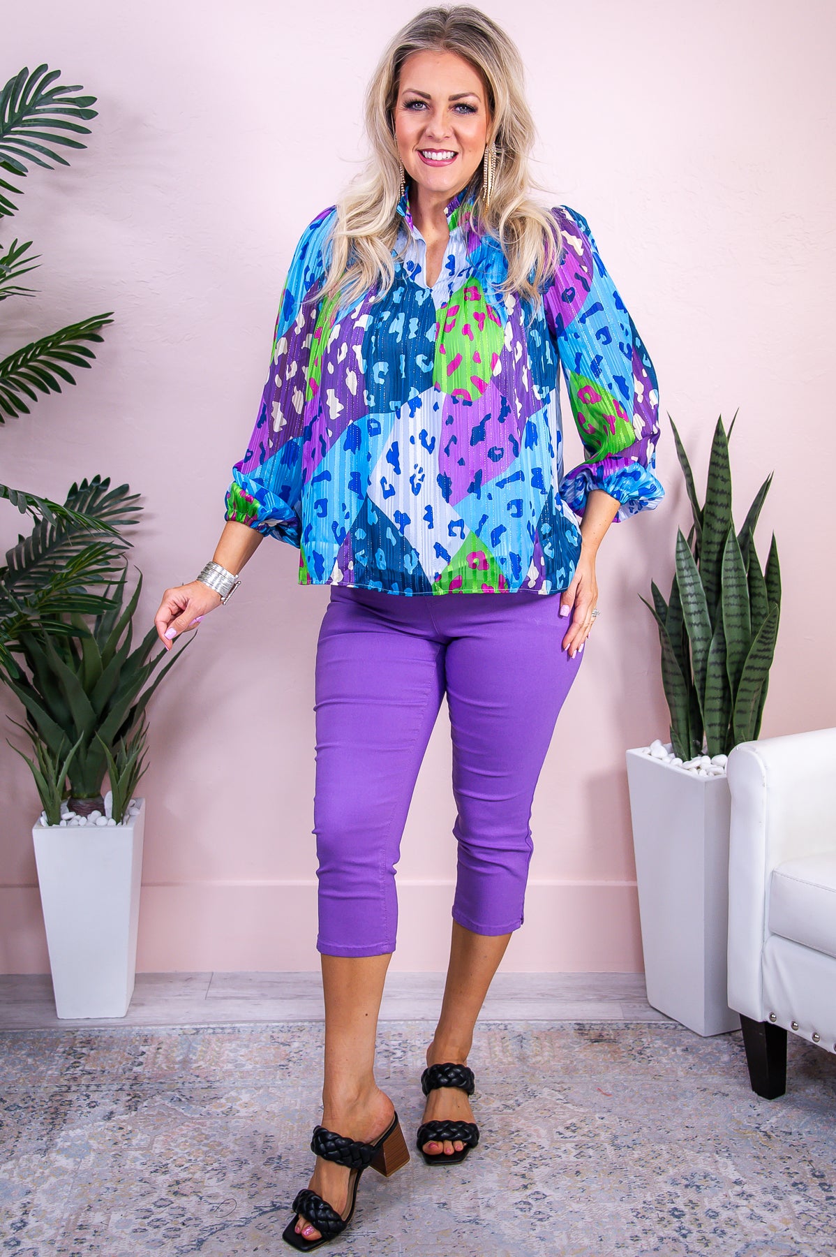 Exotic State Of Mind Blue/Multi Color Printed Colorblock Sheer Top - T9149BL