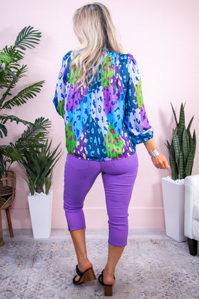 Exotic State Of Mind Blue/Multi Color Printed Colorblock Sheer Top - T9149BL