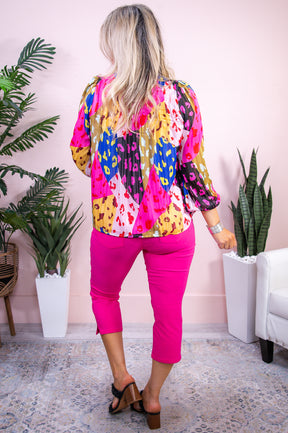 Exotic State Of Mind Rose/Multi Color Printed Colorblock Sheer Top - T9148RS