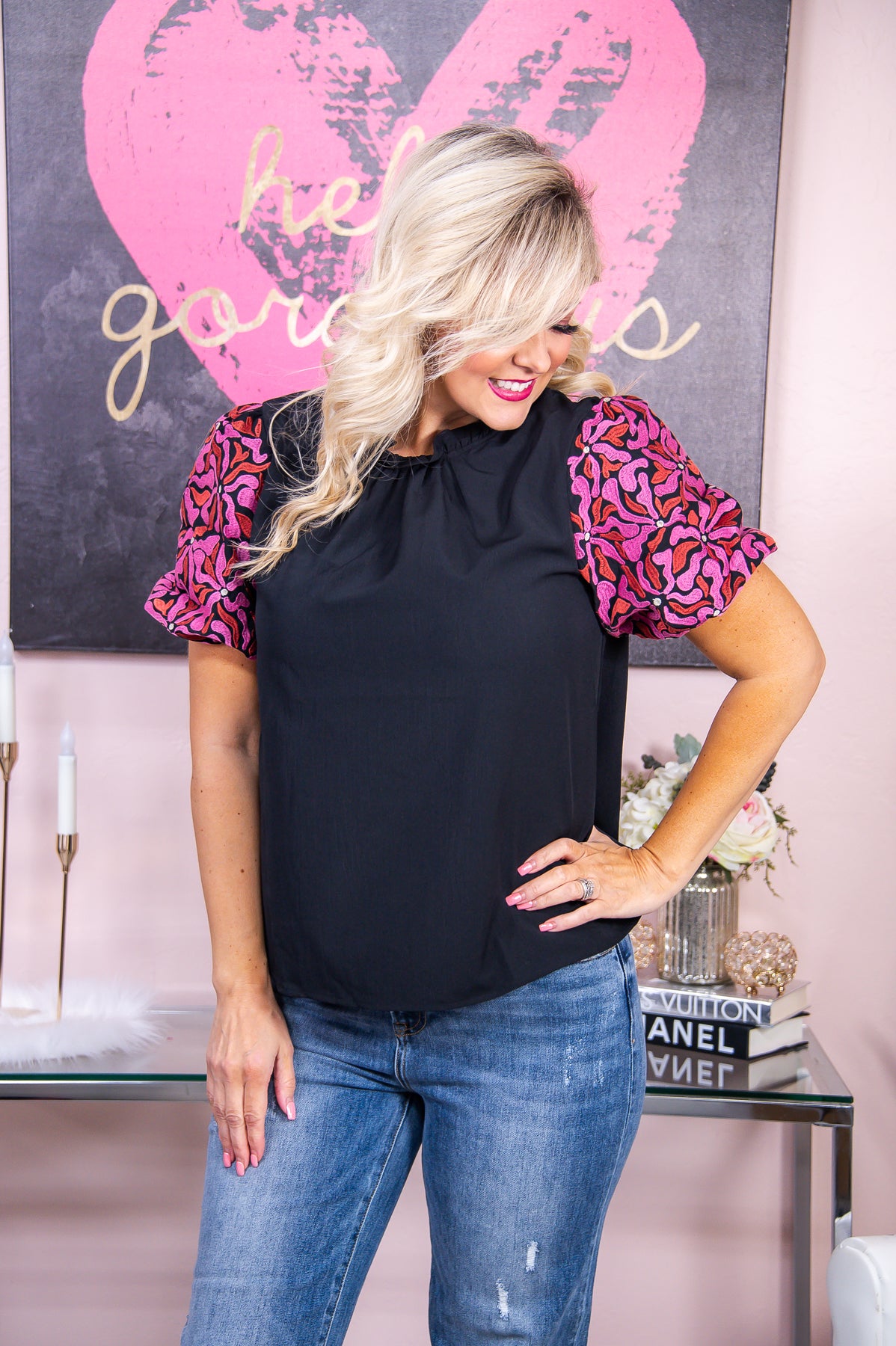 To The Dance We Go Black/Pink Floral Embroidered Top - T7776BK