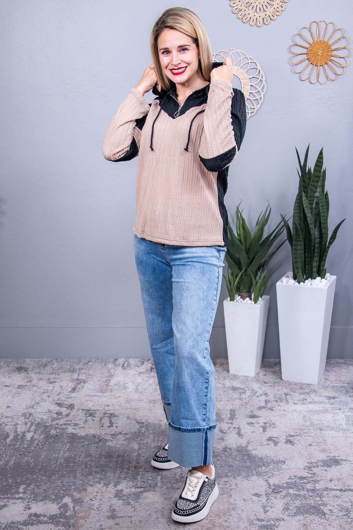 Own Your Style Dark Taupe/Black Colorblock Hooded Top - T10680DTA