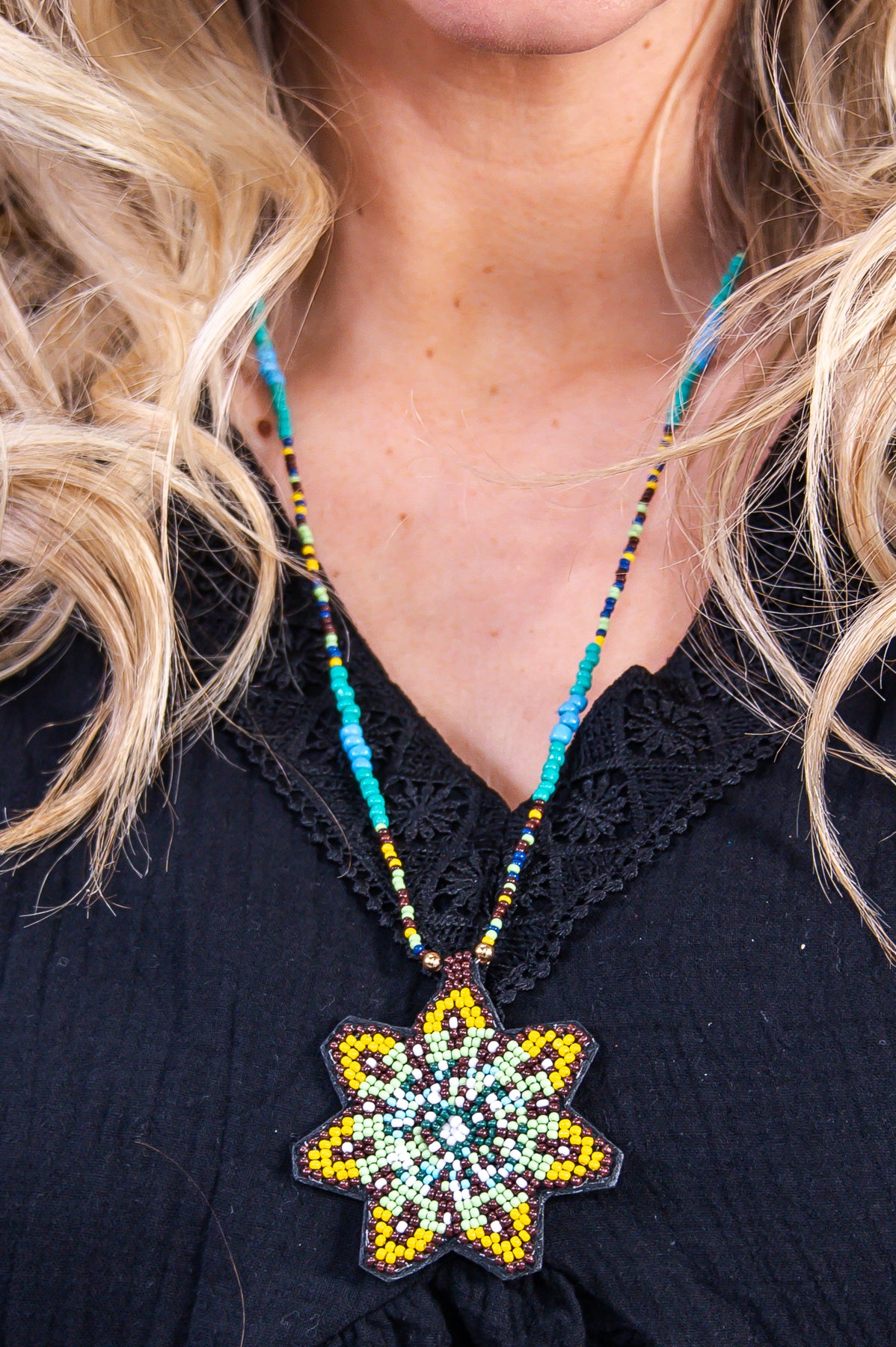 Teal/Multi Color Seed Beed Floral Necklace - NEK4294TE