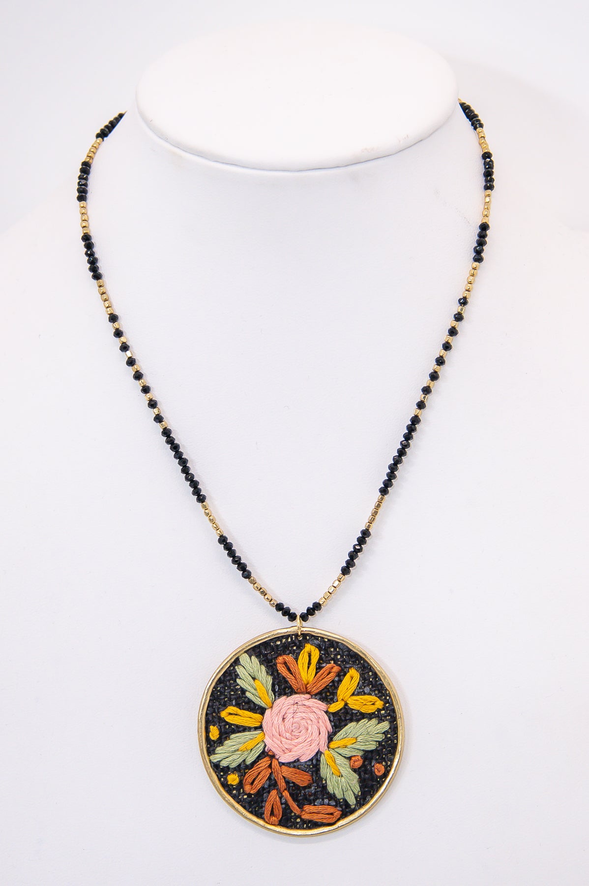 Black/Multi Color Floral Cross Stitch Round Pendant Necklace - NEK4295BK