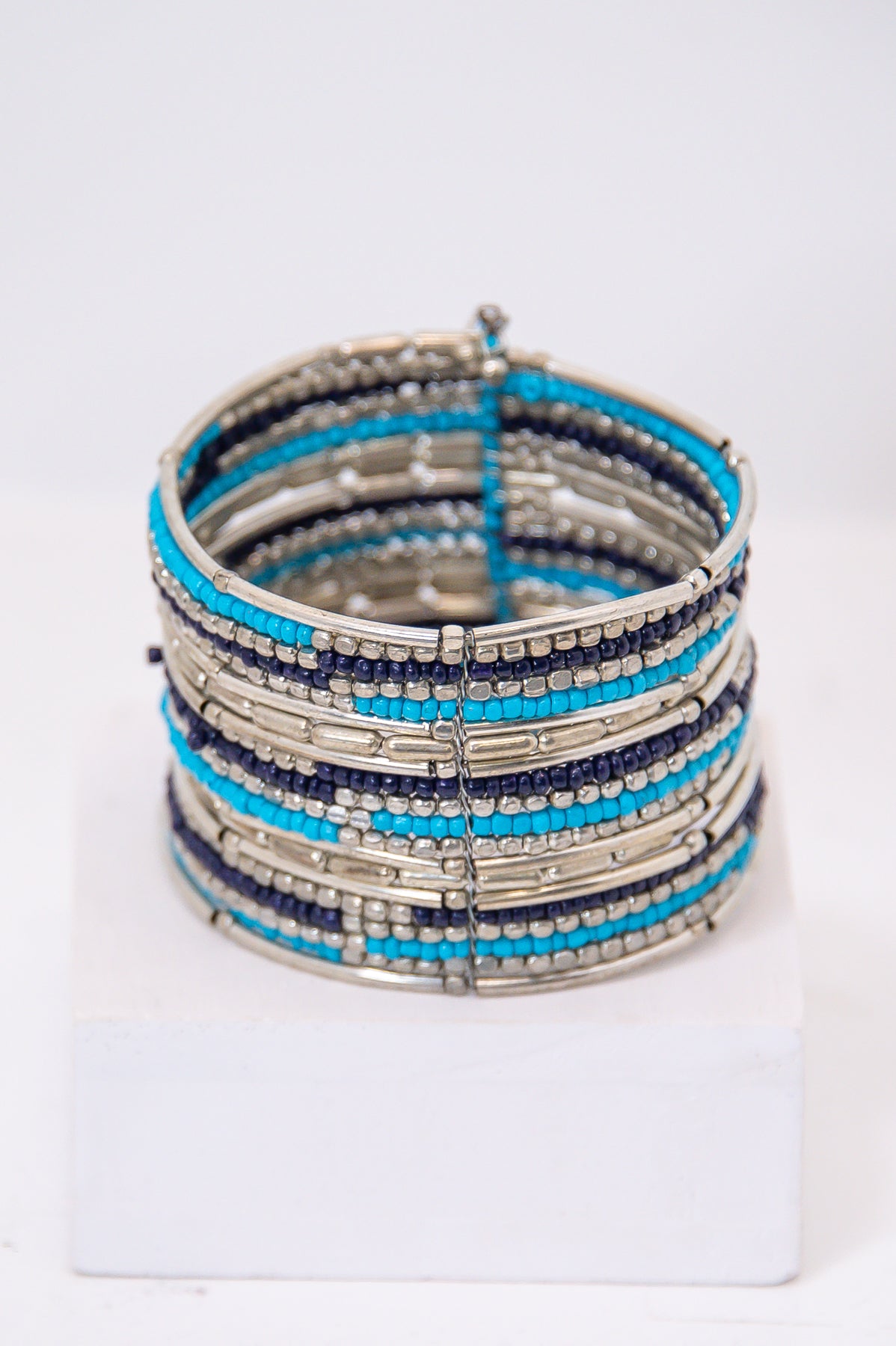 Blue/Silver Ball/Bar Metal Bead Cuff Bracelet - BRC3394BL