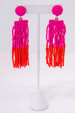 Fuchsia/Red Seed Bead Tassel Earrings - EAR4268FU