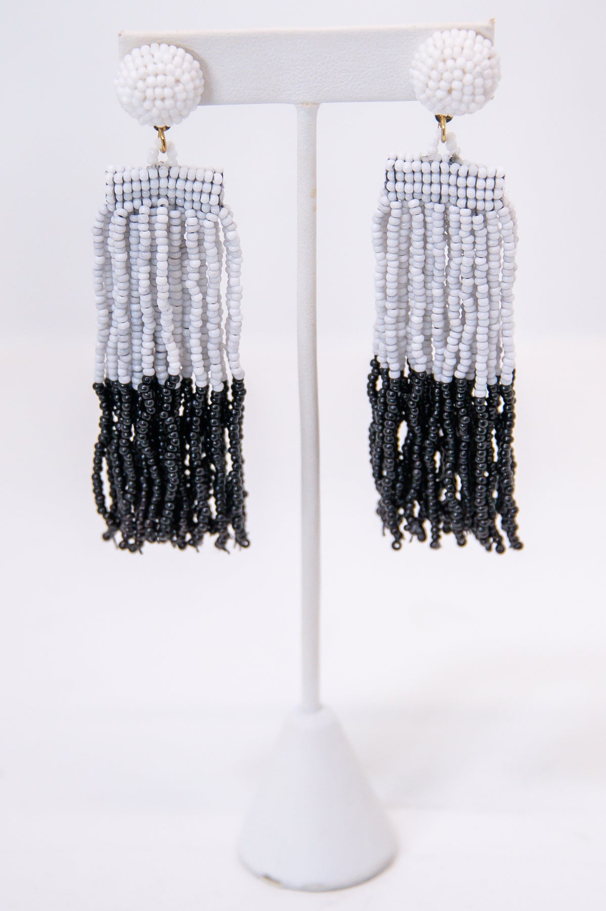 Black/White Seed Bead Tassel Earrings - EAR4269BK