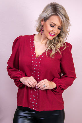 Never Looked Better Marsala/Silver Studded V Neck Top - T8473MS