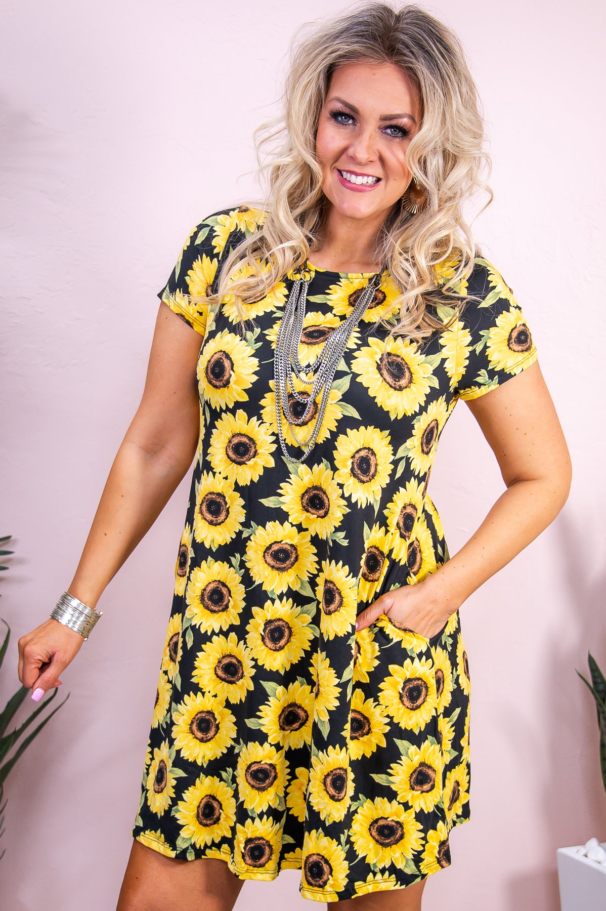 Blissful Babe Black/Yellow Sunflower Printed Dress - D5182BK
