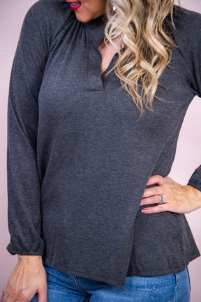 Good Vibes Always Charcoal Solid V Neck Top - T8476CH