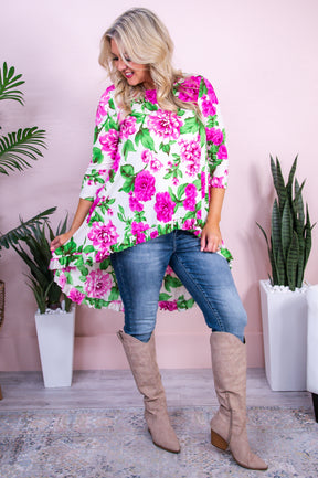 Live Simply Bloom Wildly Ivory/Multi Color Floral High-Low Tunic - T10003IV