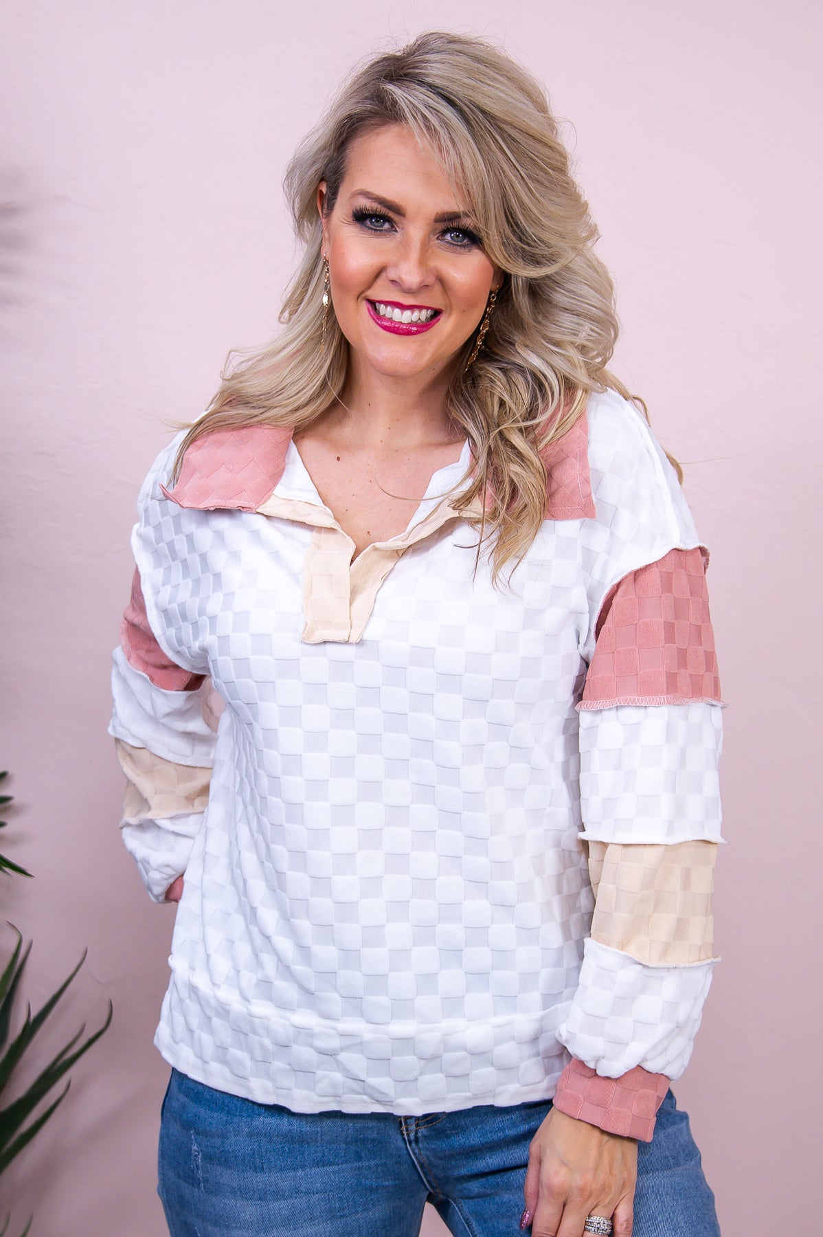 Learning To Love Myself White/Beige/Mauve Checkered V Neck Top - T8499WH