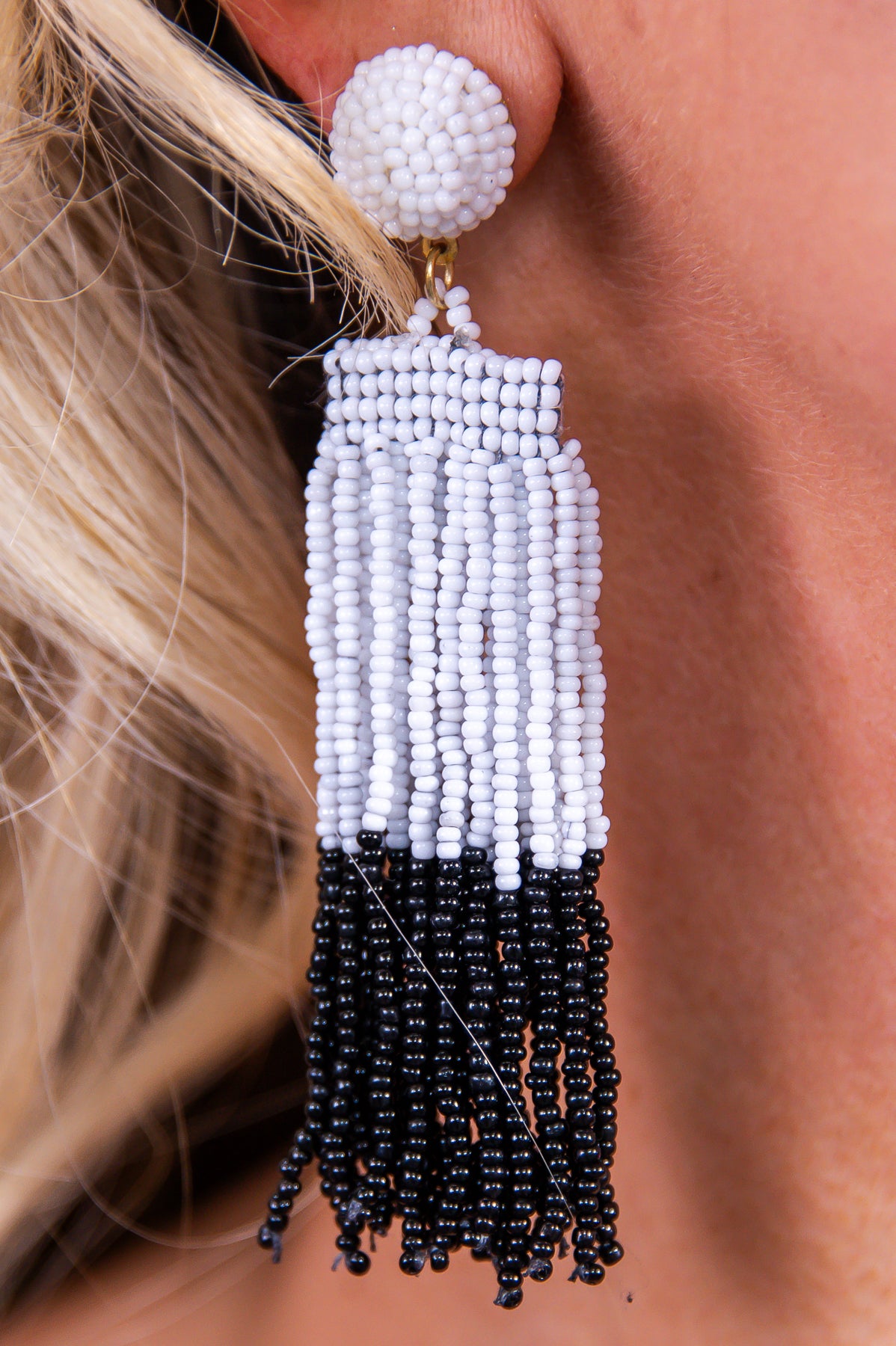 Black White Seed Bead Tassel Earrings EAR4269BK