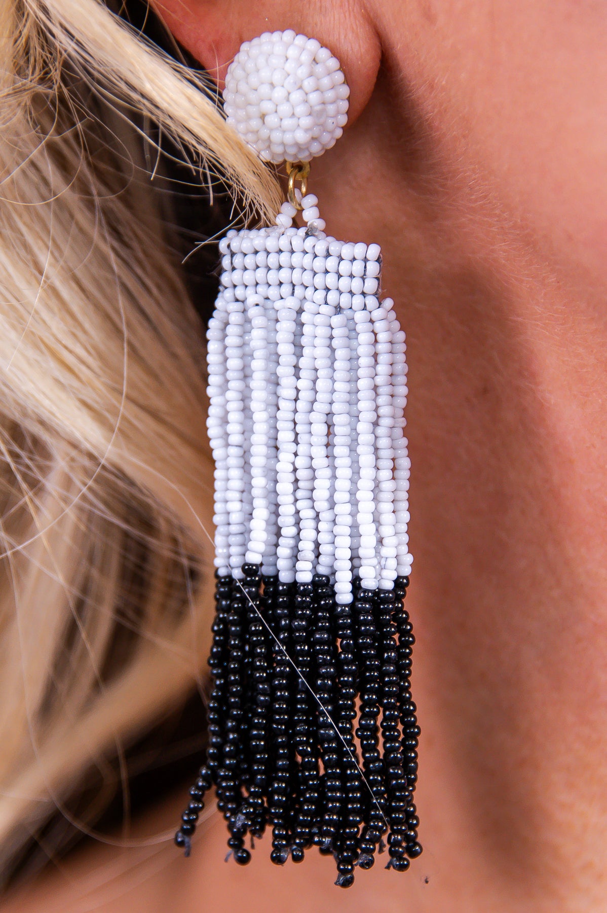 Black/White Seed Bead Tassel Earrings - EAR4269BK