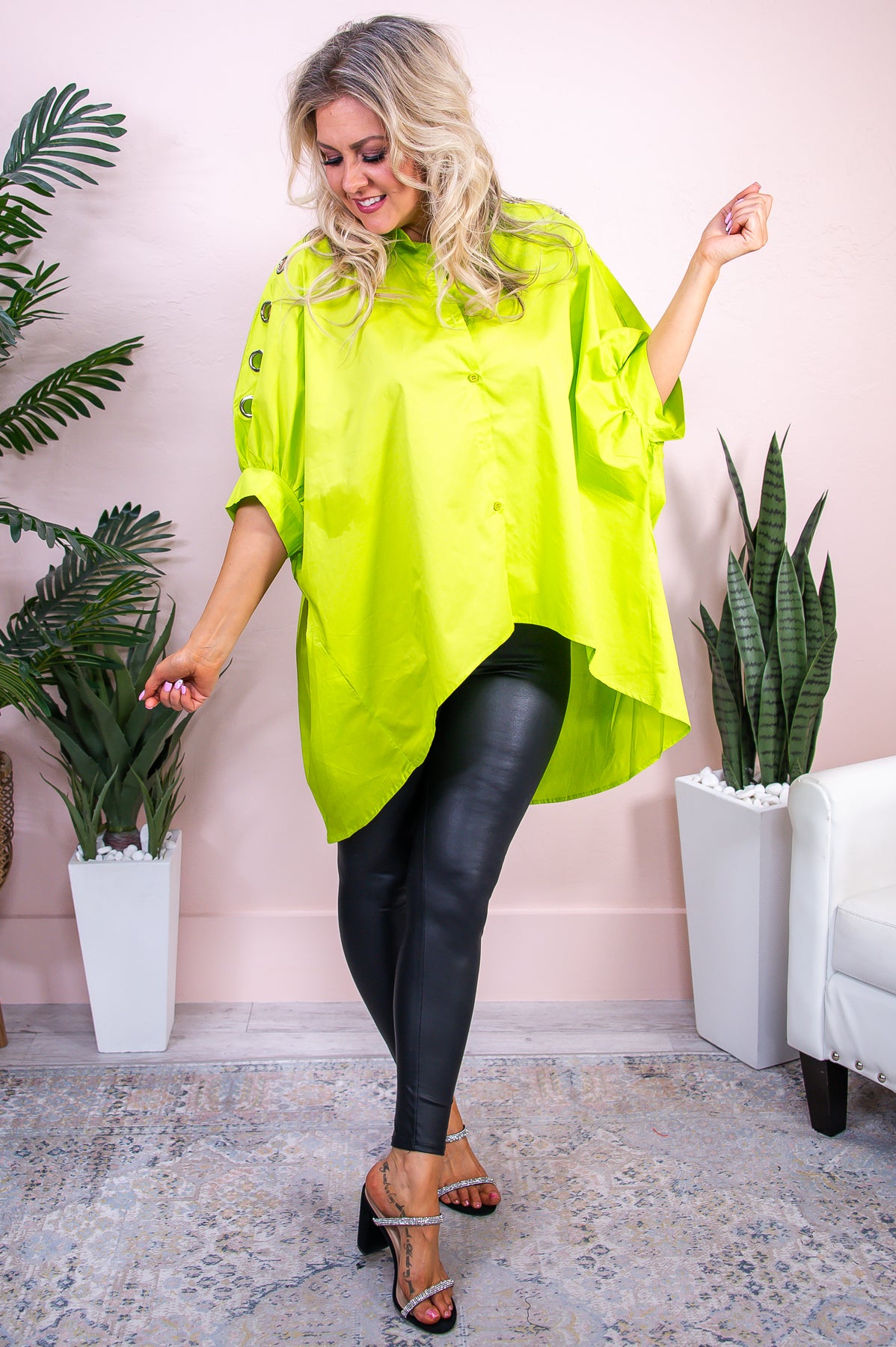 Boujee Till The End Neon Lime Green Solid High-Low Tunic - T9181NLG