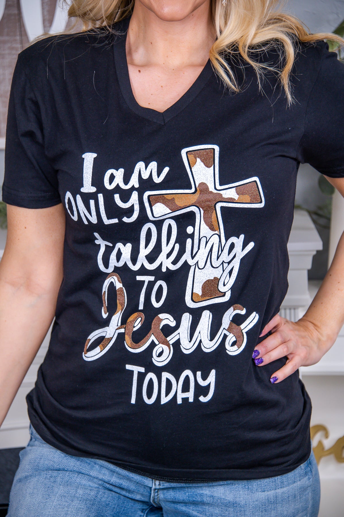 Only Talking To Jesus Black V Neck Graphic Tee - A2747BK