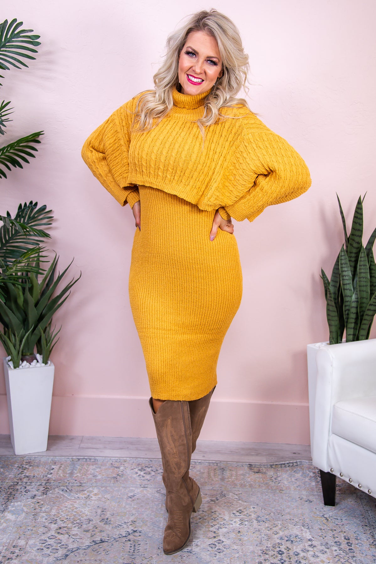 Living My Blessed Life Mustard Solid Knitted Dress/Shaw (2-Piece Set) - D5059MU