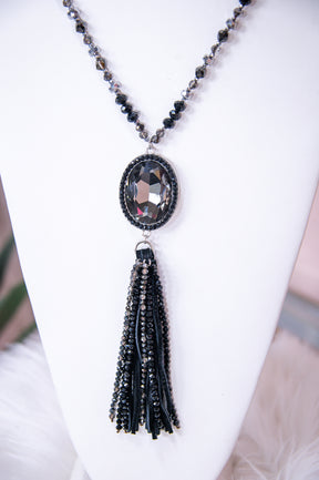 Black Beaded/Fringe Crystal Pendant Necklace - NEK4225BK