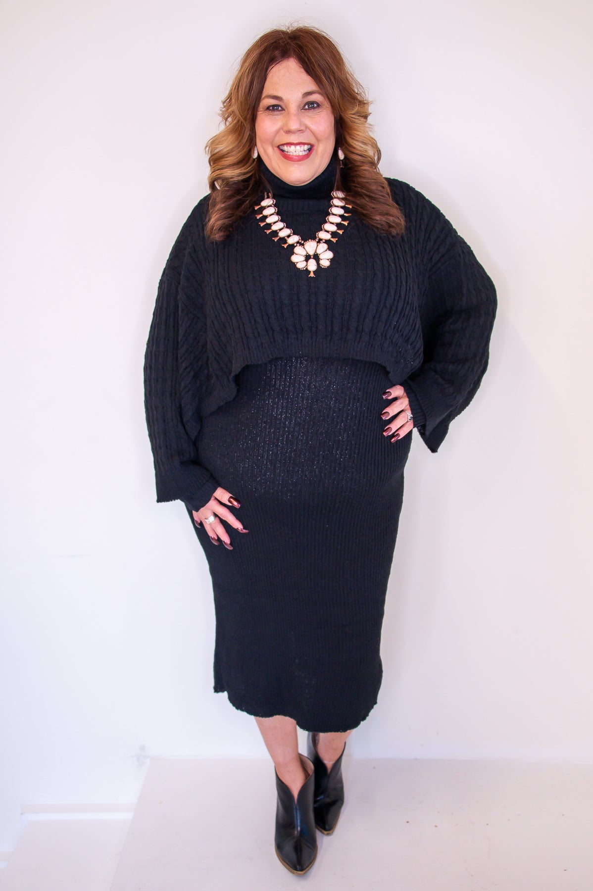 Living My Blessed Life Black Solid Knitted Dress/Shaw (2-Piece Set) - D5060BK