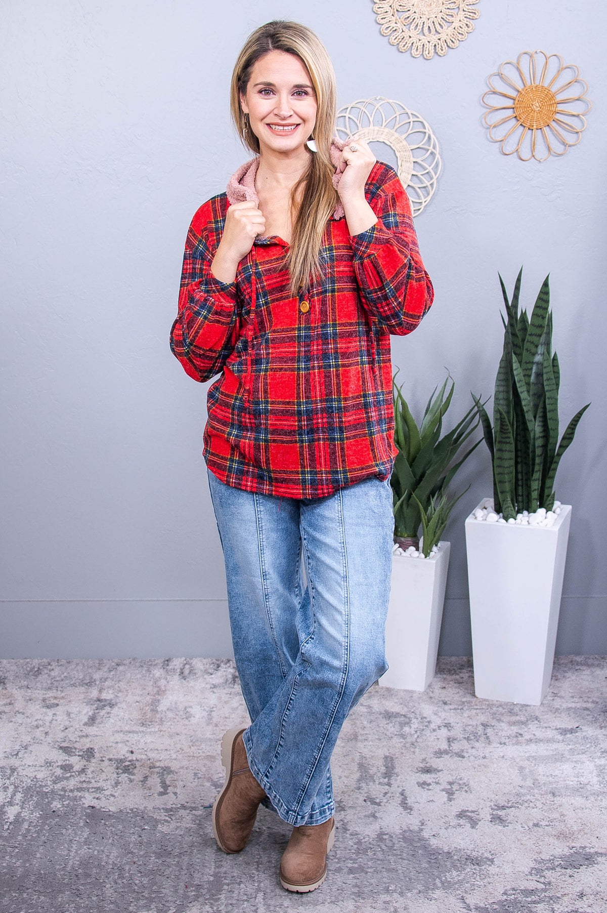 Be Your Own Masterpiece Red/Multi Color Plaid Hooded Top - T10715RD