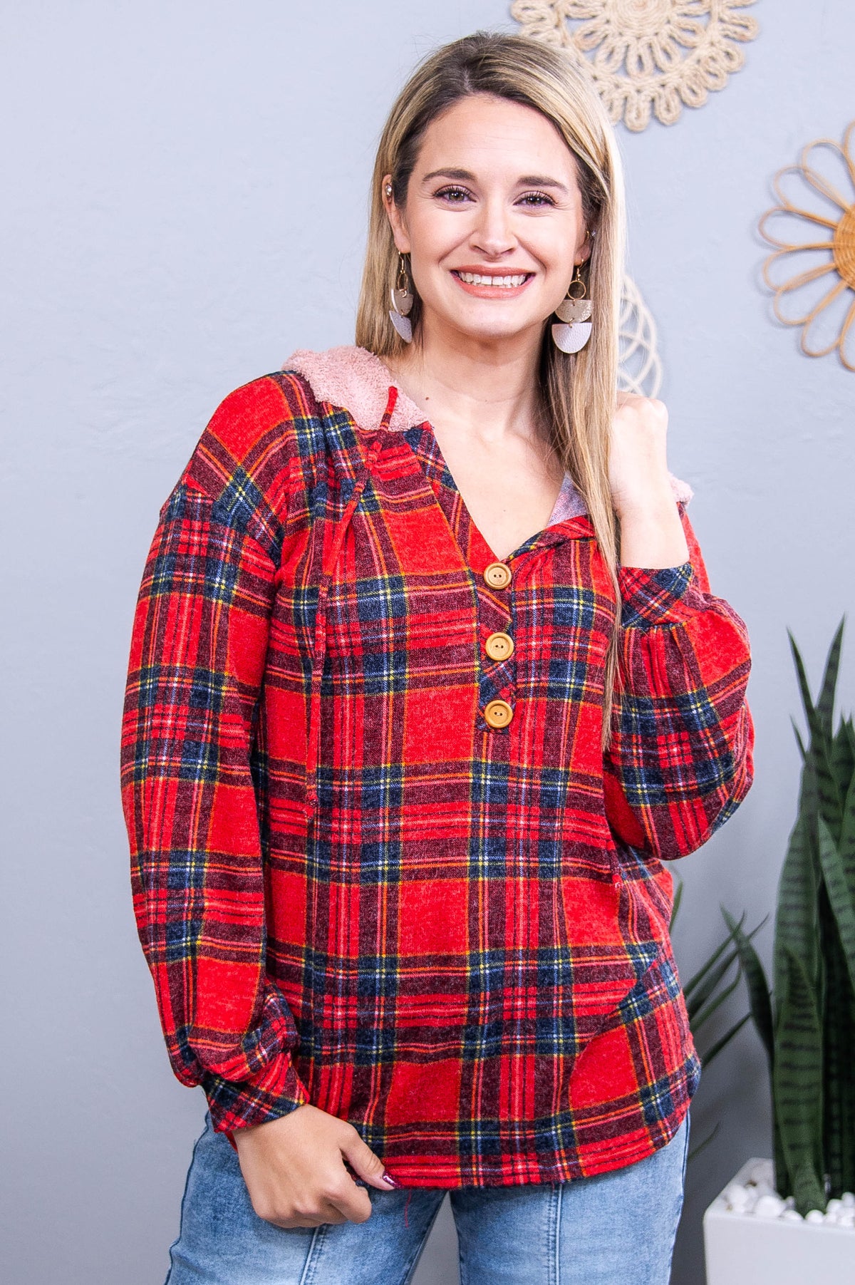 Be Your Own Masterpiece Red/Multi Color Plaid Hooded Top - T10715RD