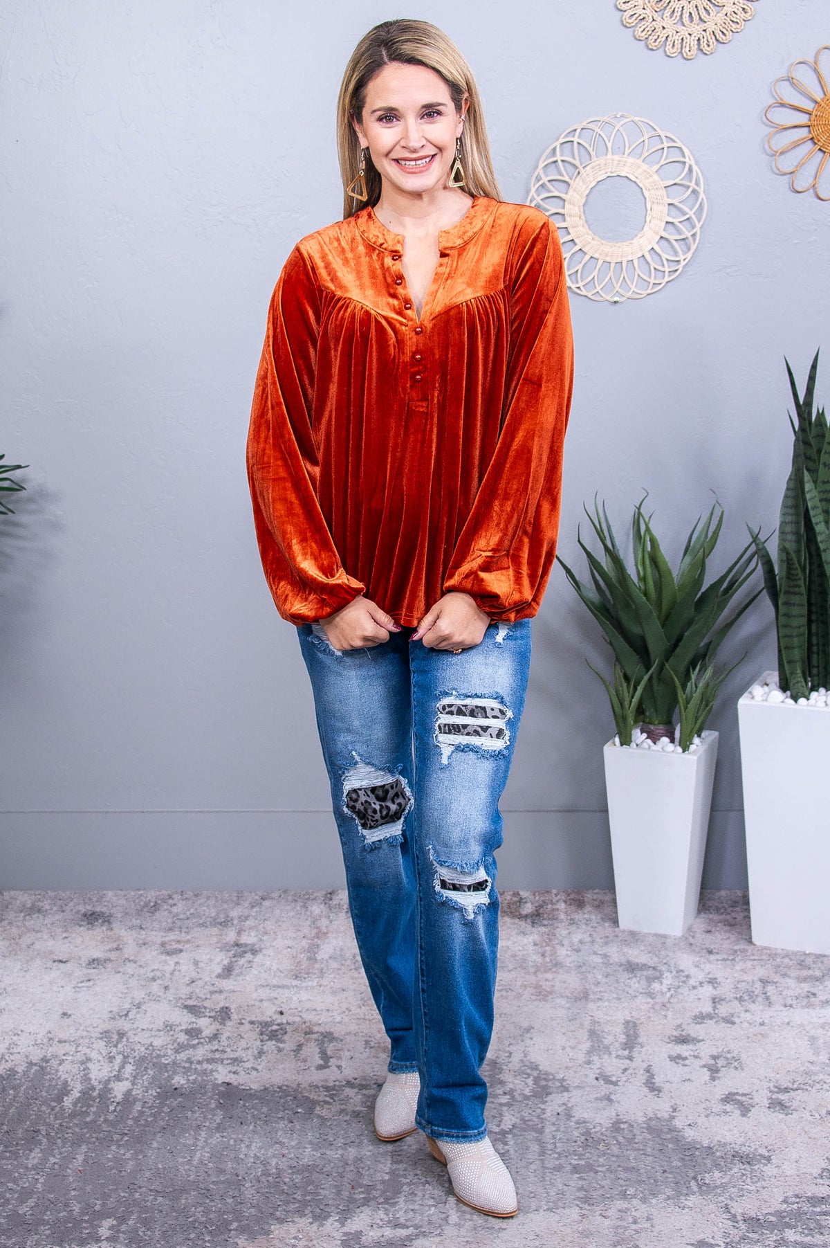 Love deeply, Live Simply Rust Velvet V Neck Top - T10717RS