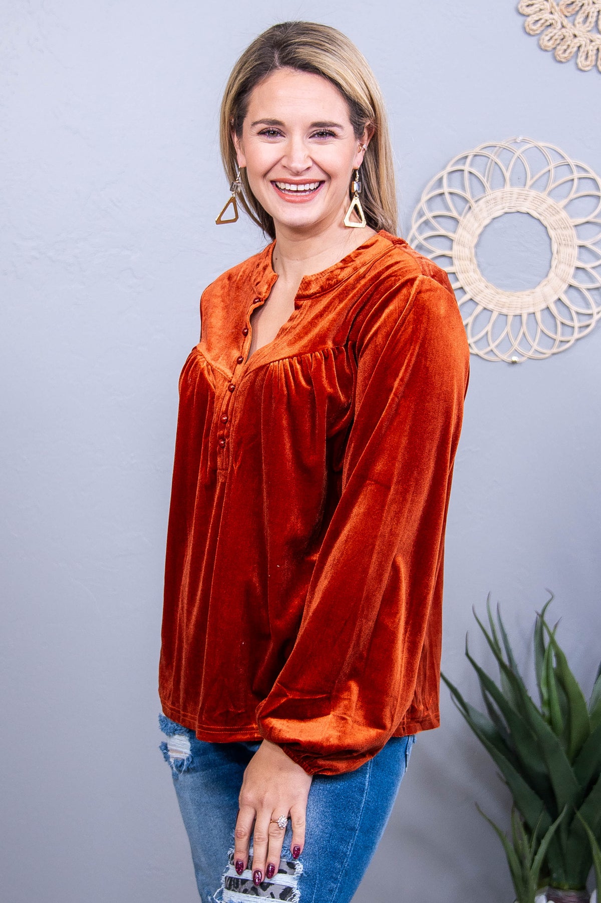 Love deeply, Live Simply Rust Velvet V Neck Top - T10717RS