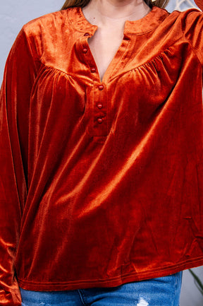 Love deeply, Live Simply Rust Velvet V Neck Top - T10717RS