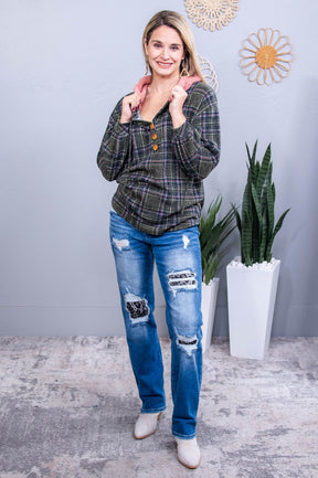 Be Your Own Masterpiece Olive/Multi Color Plaid Hooded Top - T10723OL