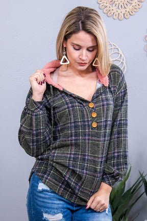 Be Your Own Masterpiece Olive/Multi Color Plaid Hooded Top - T10723OL