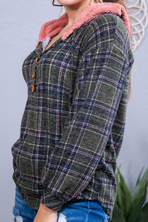 Be Your Own Masterpiece Olive/Multi Color Plaid Hooded Top - T10723OL