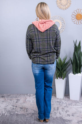 Be Your Own Masterpiece Olive/Multi Color Plaid Hooded Top - T10723OL