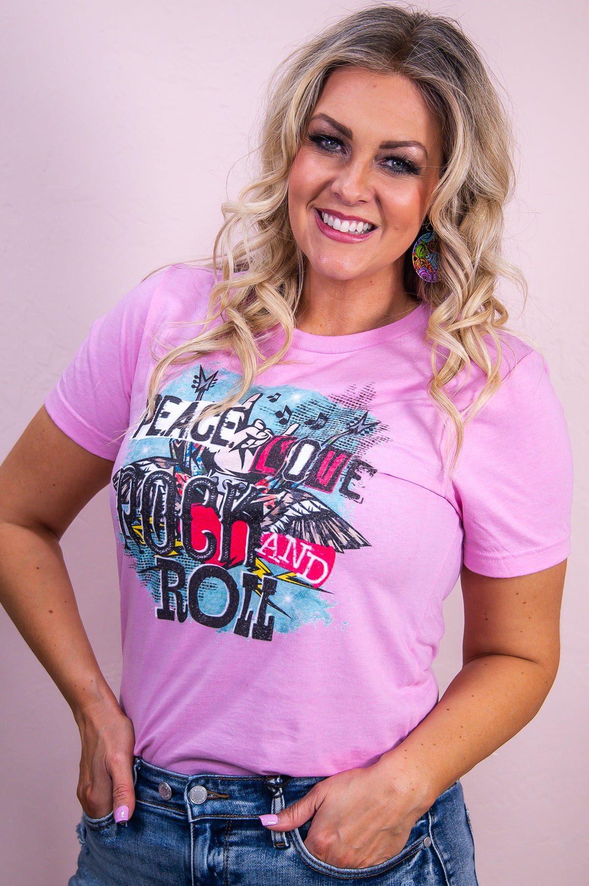 Peace Love & Rock & Roll Heather Bubble Gum Graphic Tee - A3264HBG