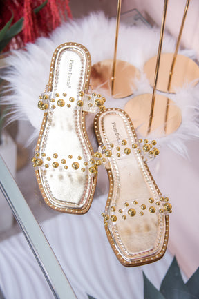 Flawless Appeal Gold/Clear Studded Slip-On Sandals - SHO2591GD