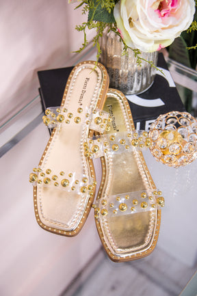 Flawless Appeal Gold/Clear Studded Slip-On Sandals - SHO2591GD