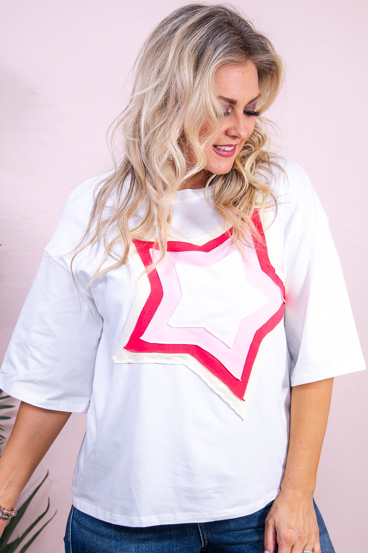 Wander Under The Stars White/Multi Color Star Patch Top - T9220WH