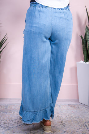 Unapologetic Grace Light Denim Blue Solid Frayed Ruffle Pants - PNT1594LDB