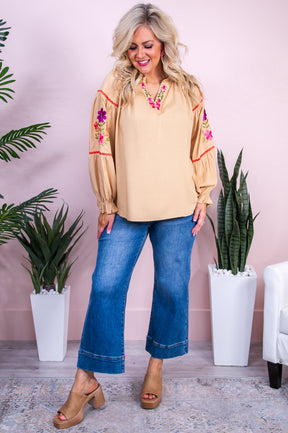 Feeling Social Camel/Multi Color Floral Embroidered Top - T10081CA