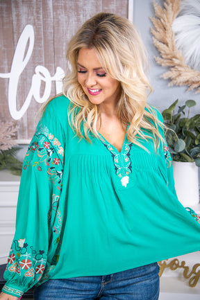 Stories Of The Past Teal/Multi Color/Pattern Embroidered Top - T7109TE