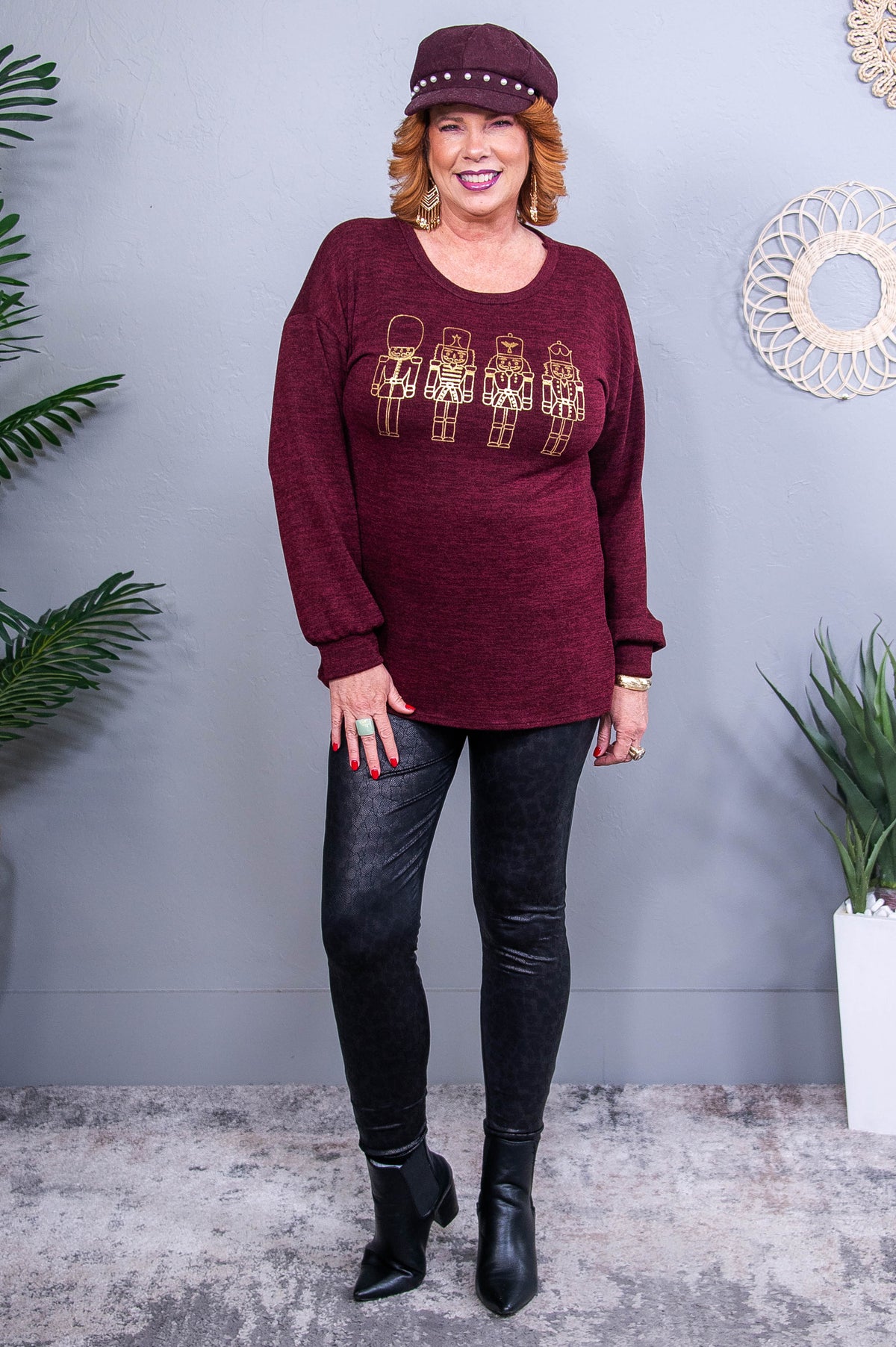Let's Get It Crackin Dark Burgundy/Gold Nutcracker Printed Top - T10729DBU