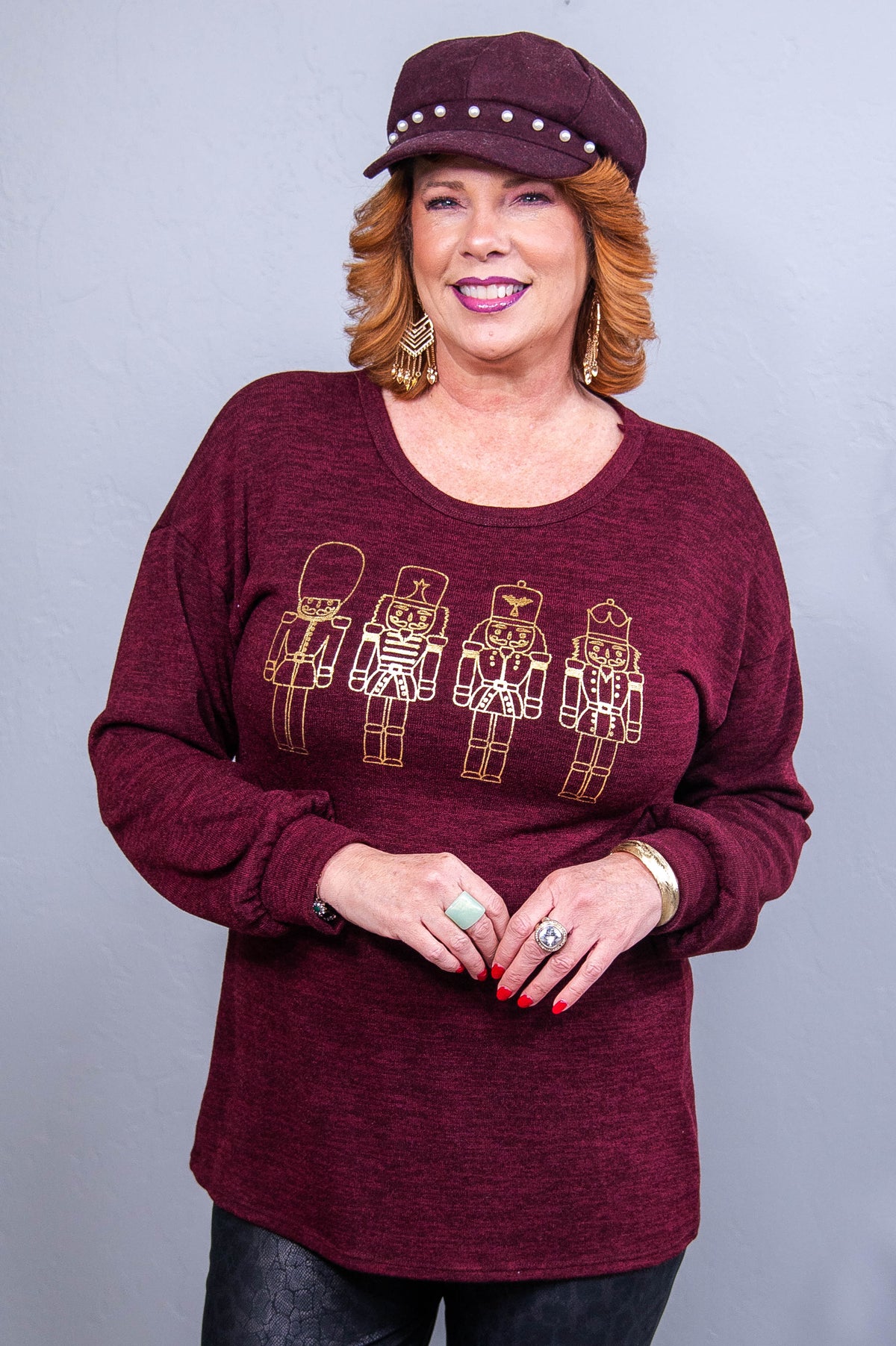 Let's Get It Crackin Dark Burgundy/Gold Nutcracker Printed Top - T10729DBU