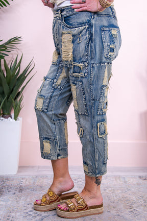Greta Medium Denim Solid Frayed Patchwork Jeans - K1127DN