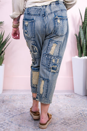 Greta Medium Denim Solid Frayed Patchwork Jeans - K1127DN