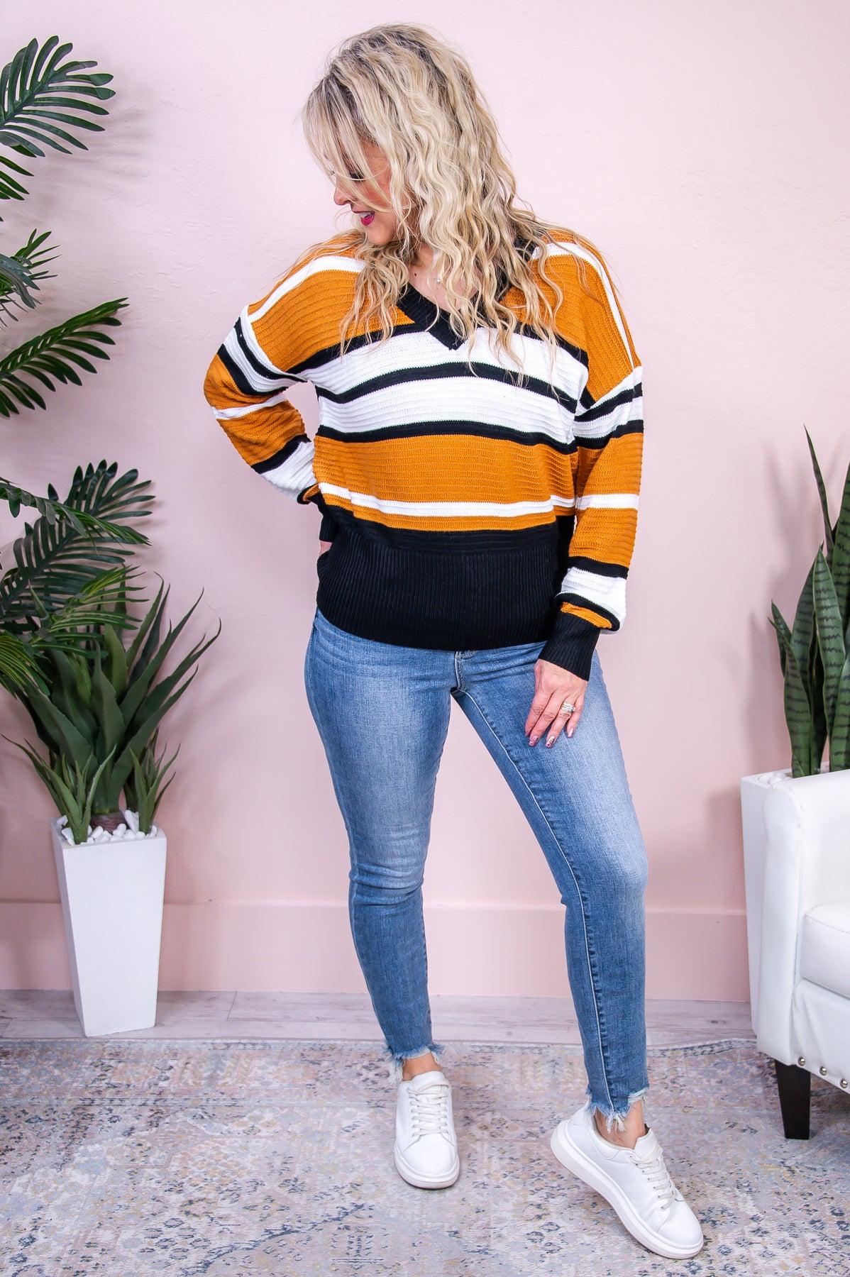 Always Show Kindness Black/White/Camel Striped Sweater Top - T8515BK