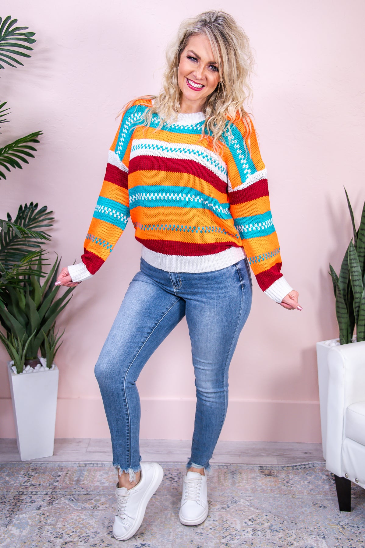 Nothing Can Compare Neon Orange/Multi Color Striped Sweater Top - T8516NOR