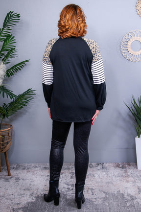 Wish I Could Go Back Black Striped/Printed Colorblock Sleeves Top - T10733BK