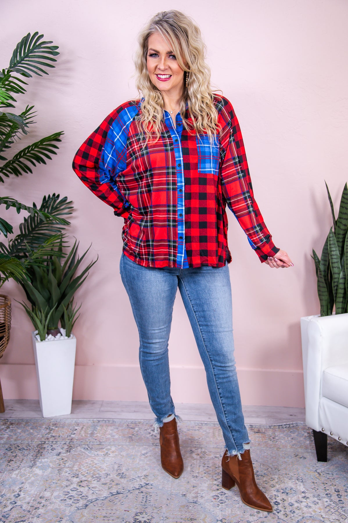 Chase Grace Red/Blue Checkered/Plaid Top - T8518RD