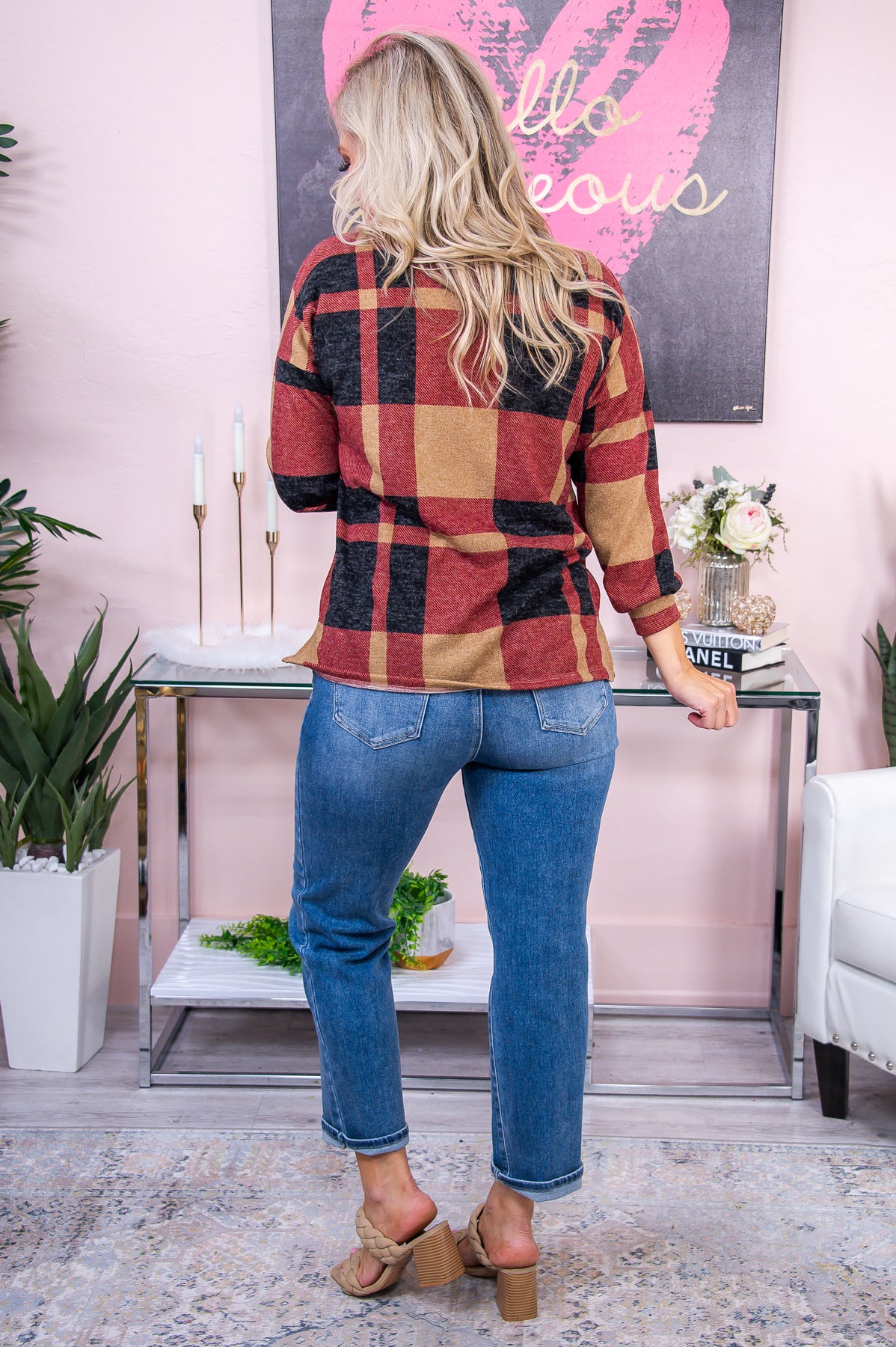 Fabulous Approach Taupe/Rust Plaid Top - T7877TA