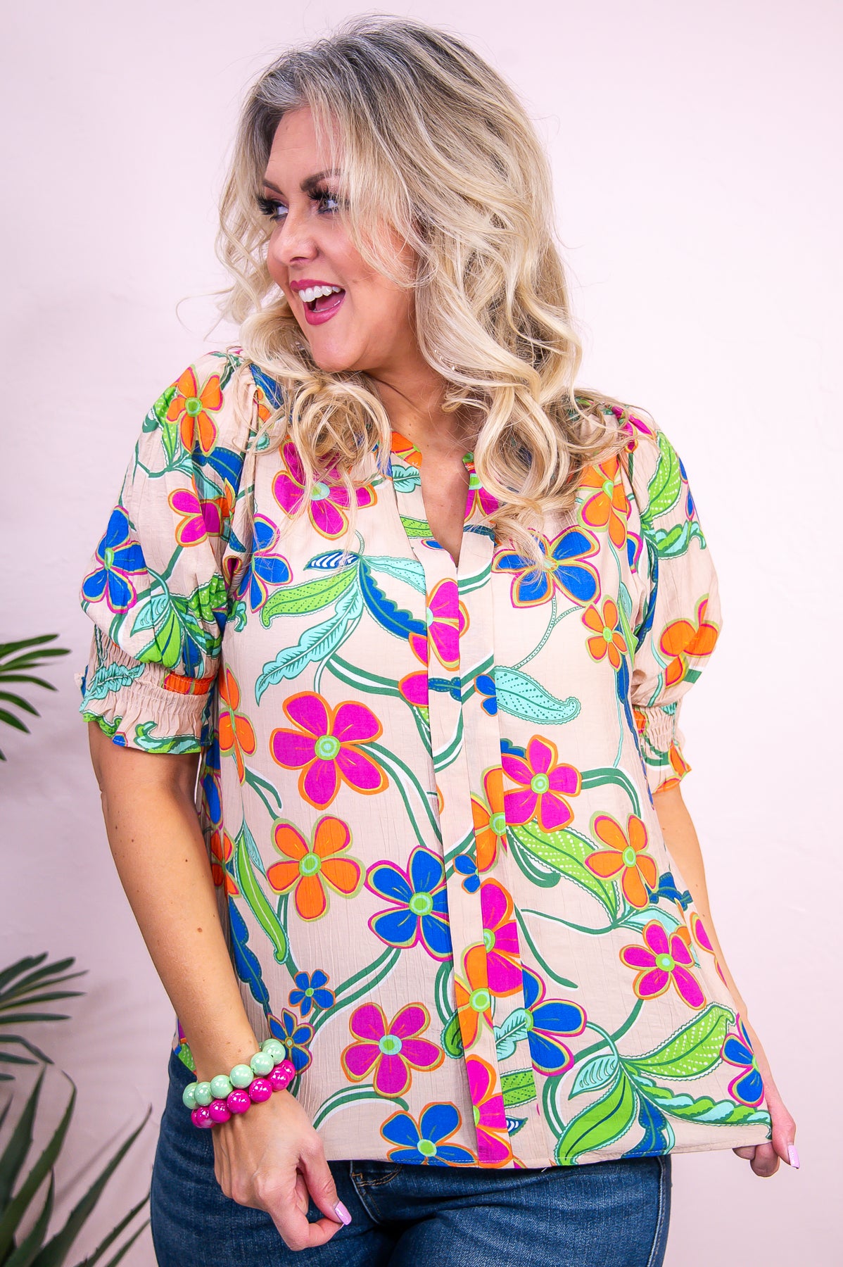 Listening To The Flowers Talk Natural/Multi Color Floral V Neck Top - T9237NA