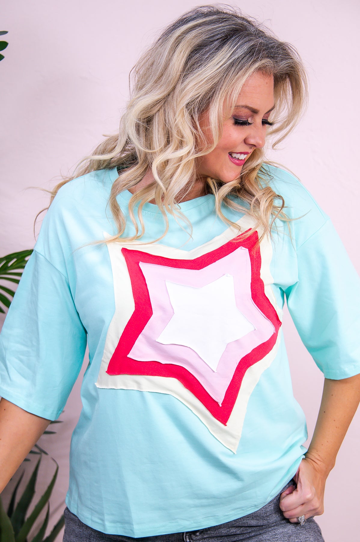 Wander Under The Stars Light Jade/Multi Color Star Patch Top - T9247LJD