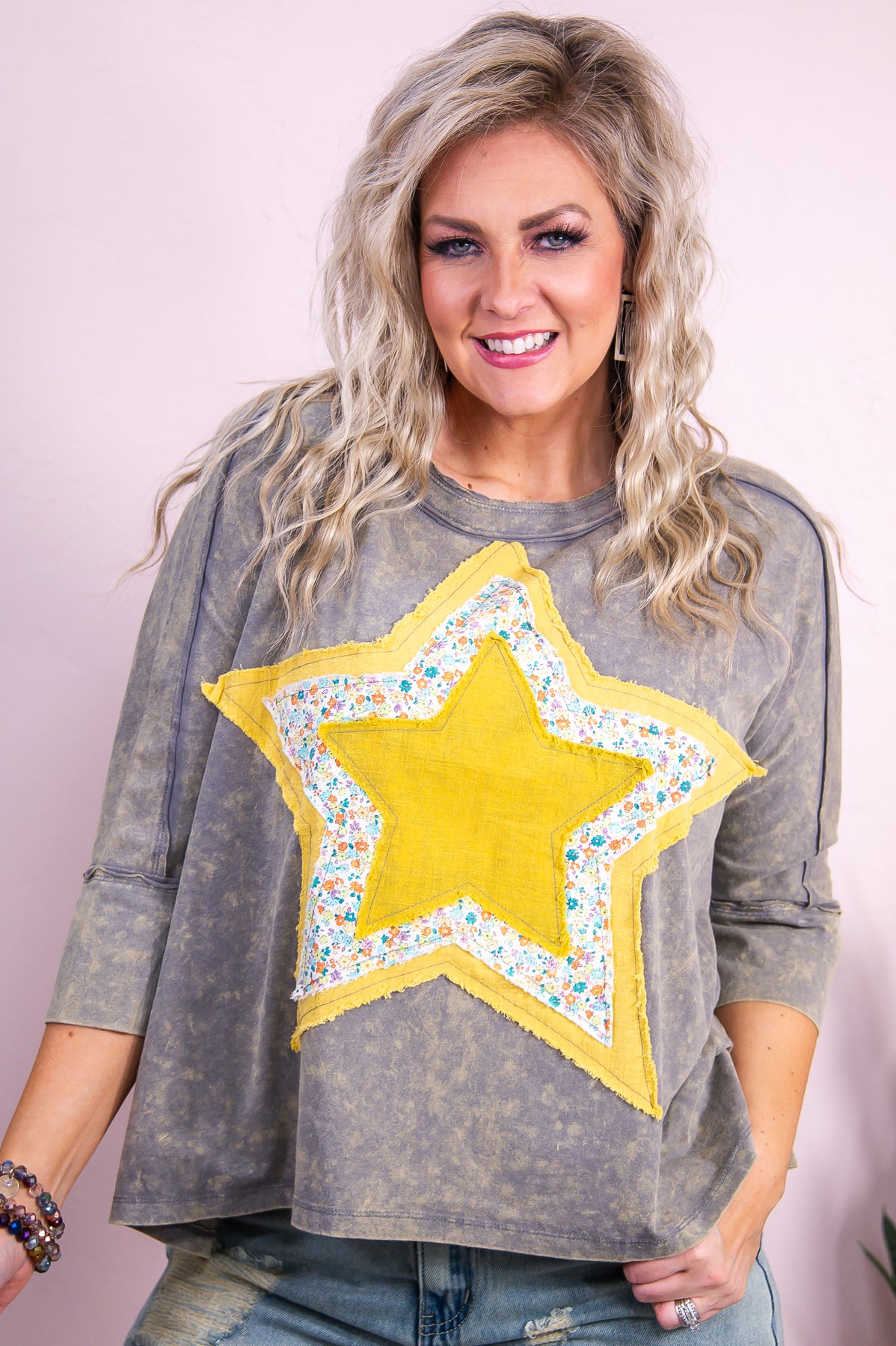 Ready To Shine Ash/Multi Color Floral/Star Patchwork Top - T9260AH